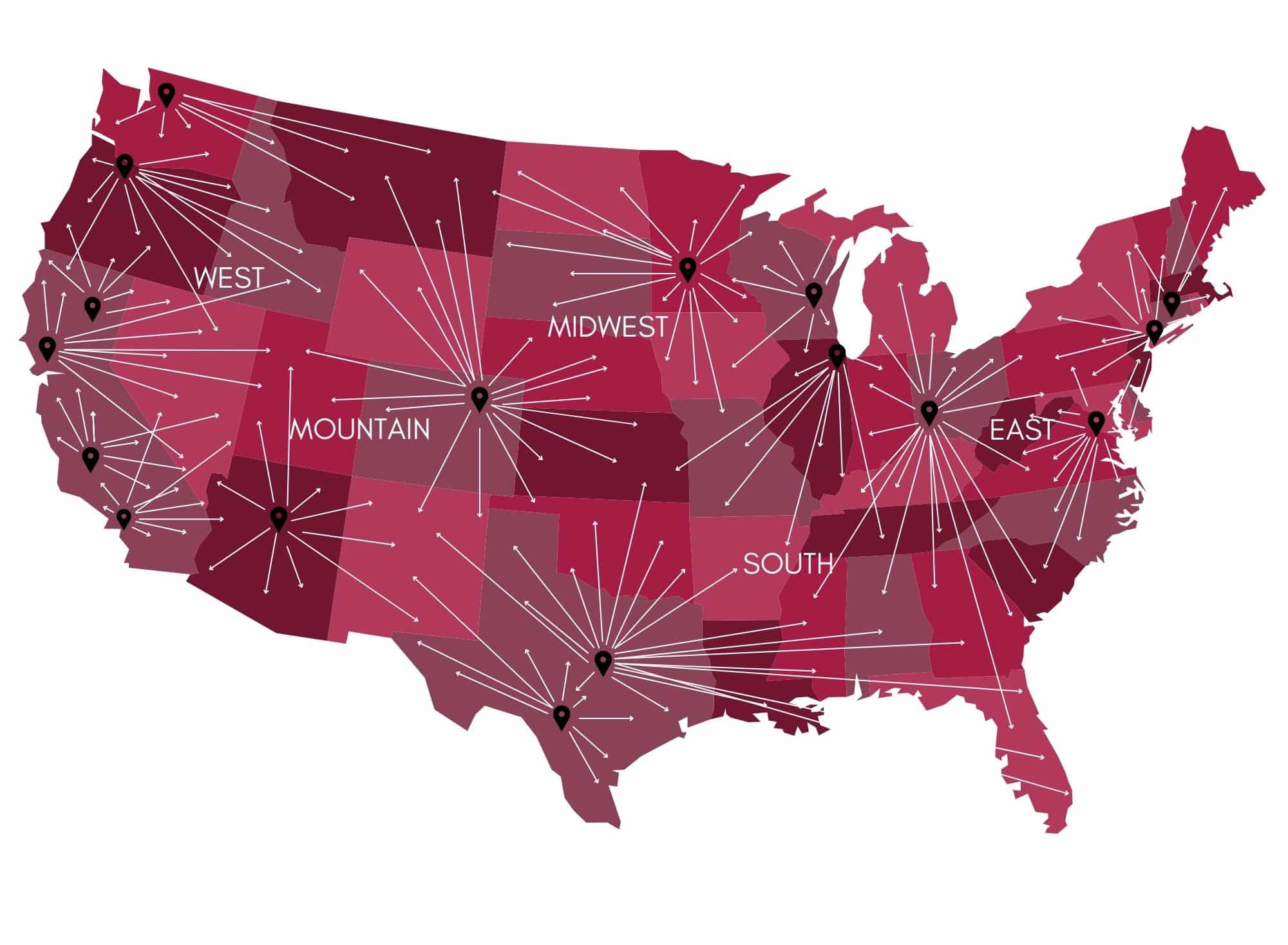 Image of Nation Reach of Scion Executive Search of a map of the US and arrows showing the company works with the full country