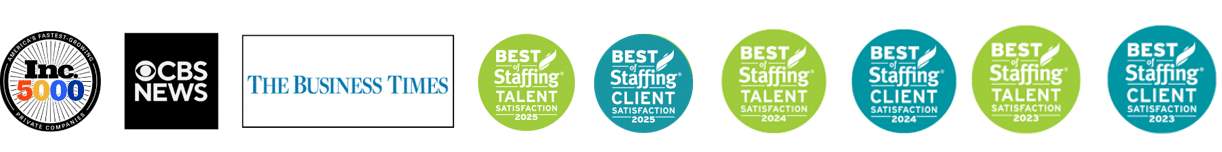 Image that shows scions awards including clearlyrated’s 2025 best of staffing client and talent awards For service excellence. CBS news, the business times, and inc. 5000